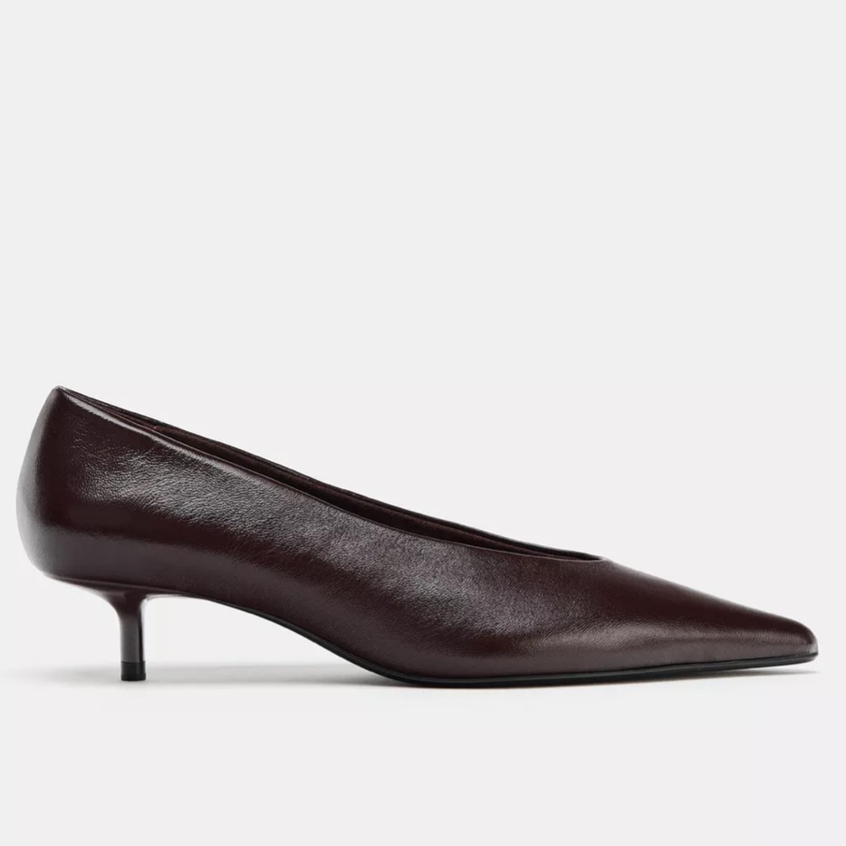 Zara Dark Brown Pointed Leather Kitten Heel Pumps